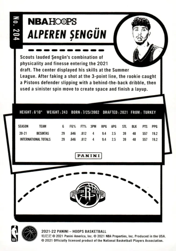 2021-22 NBA Hoops #204 Alperen Şengün (back)