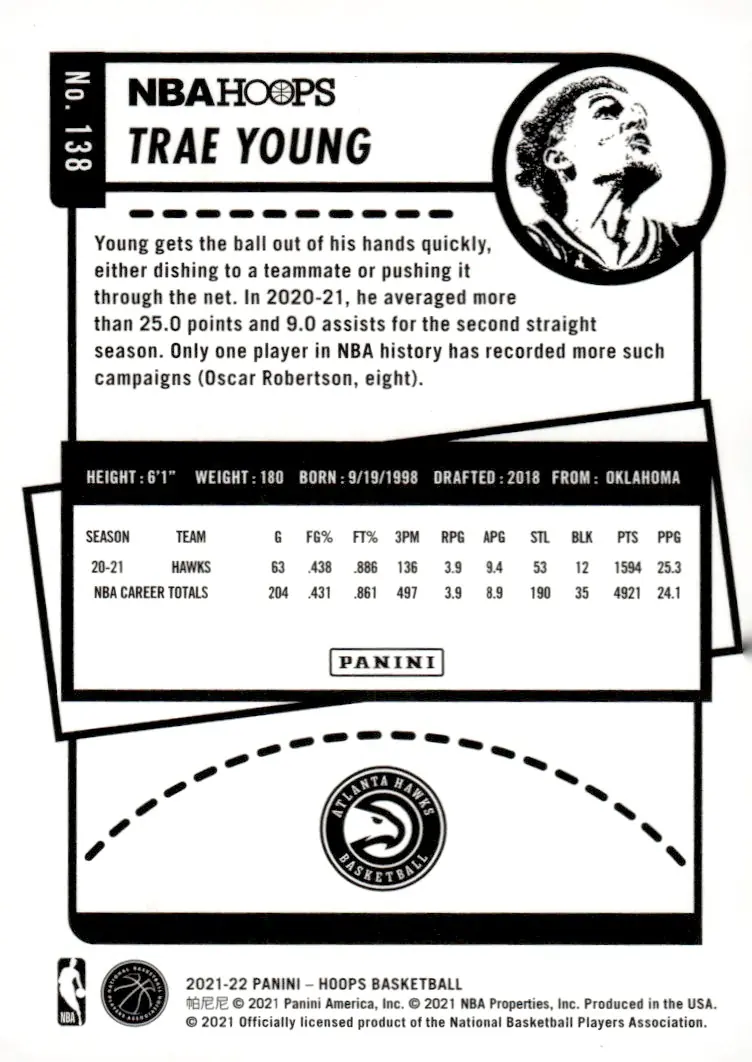 2021-22 NBA Hoops #138 Trae Young (back)