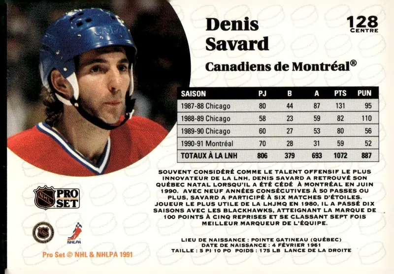 1991-92 Pro Set (Series 1) #128 Denis Savard – French (back)