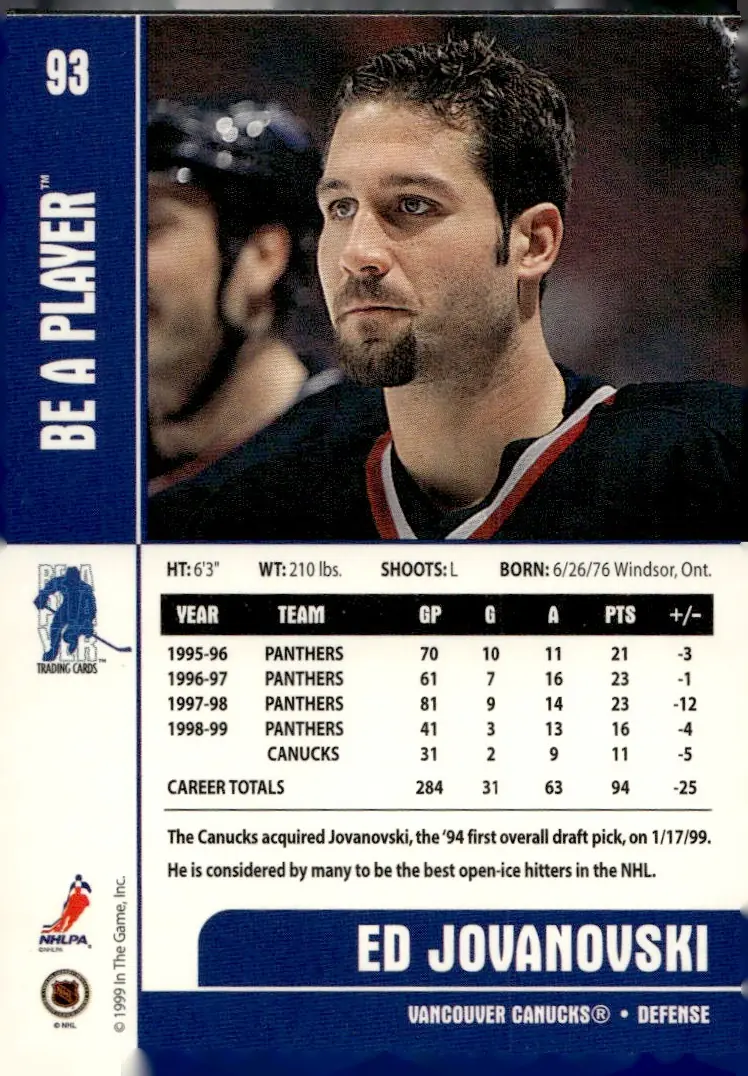 1999-00 Be A Player Memorabilia #93 Ed Jovanovski (back)