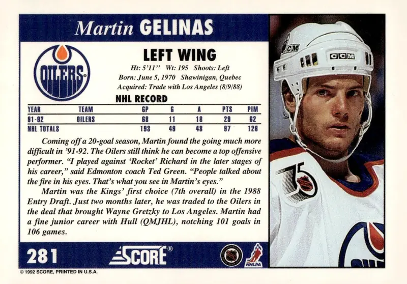 1992-93 Score (U.S.) #281 Martin Gelinas (back)