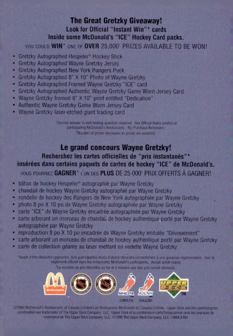 1998-99 Upper Deck McDonald's (Canada) #CL1 Checklist (back)