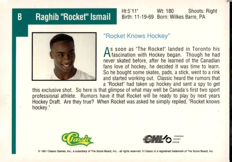 1991-92 Classic Draft Picks (Hockey) Premiere Edition #B Raghib "Rocket" Ismail (back)