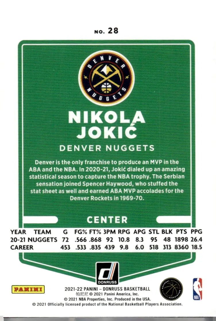 2021-22 Donruss #28 Nikola Jokić (back)