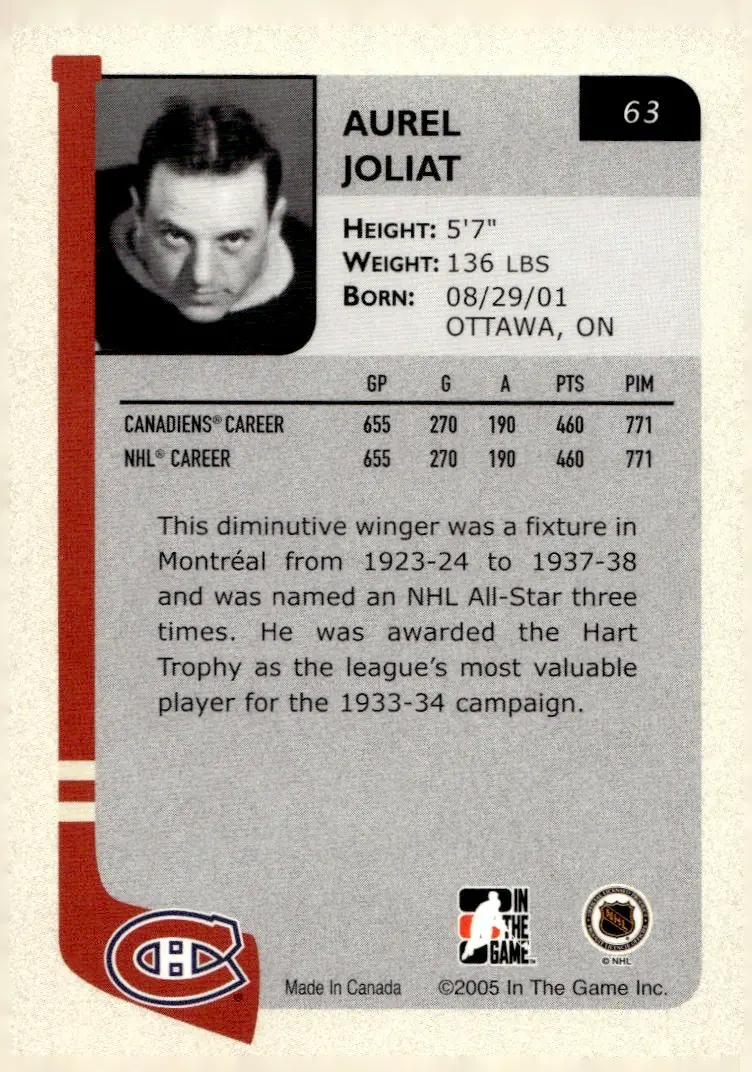2004-05 In The Game Franchises Canadian Edition #63 Aurel (Aurèle) Joliat (back)