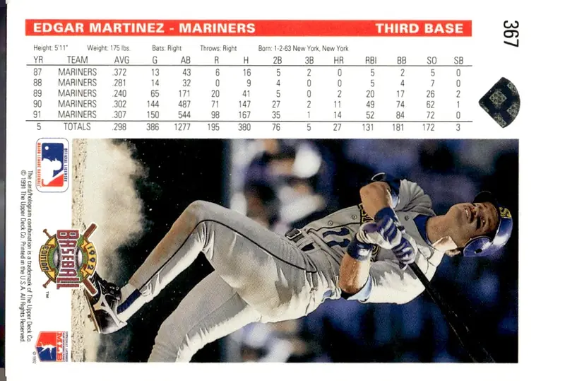 1992 Upper Deck Baseball #367 Edgar Martinez (back)