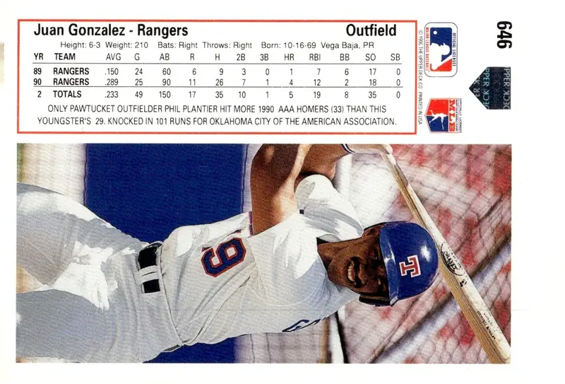 1991 Upper Deck #646 Juan Gonzalez (back)