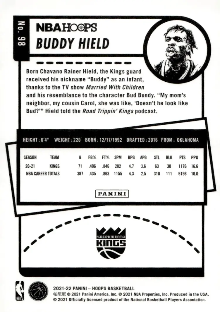 2021-22 NBA Hoops #98 Buddy Hield (back)