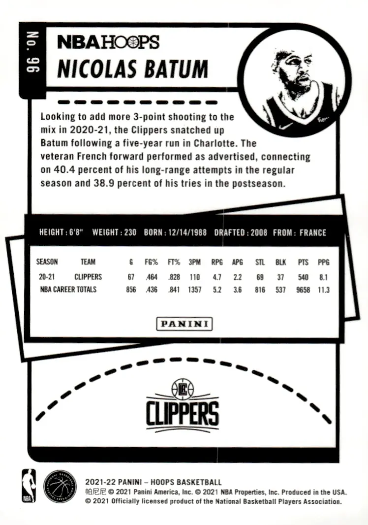 2021-22 NBA Hoops #96 Nicolas Batum (back)