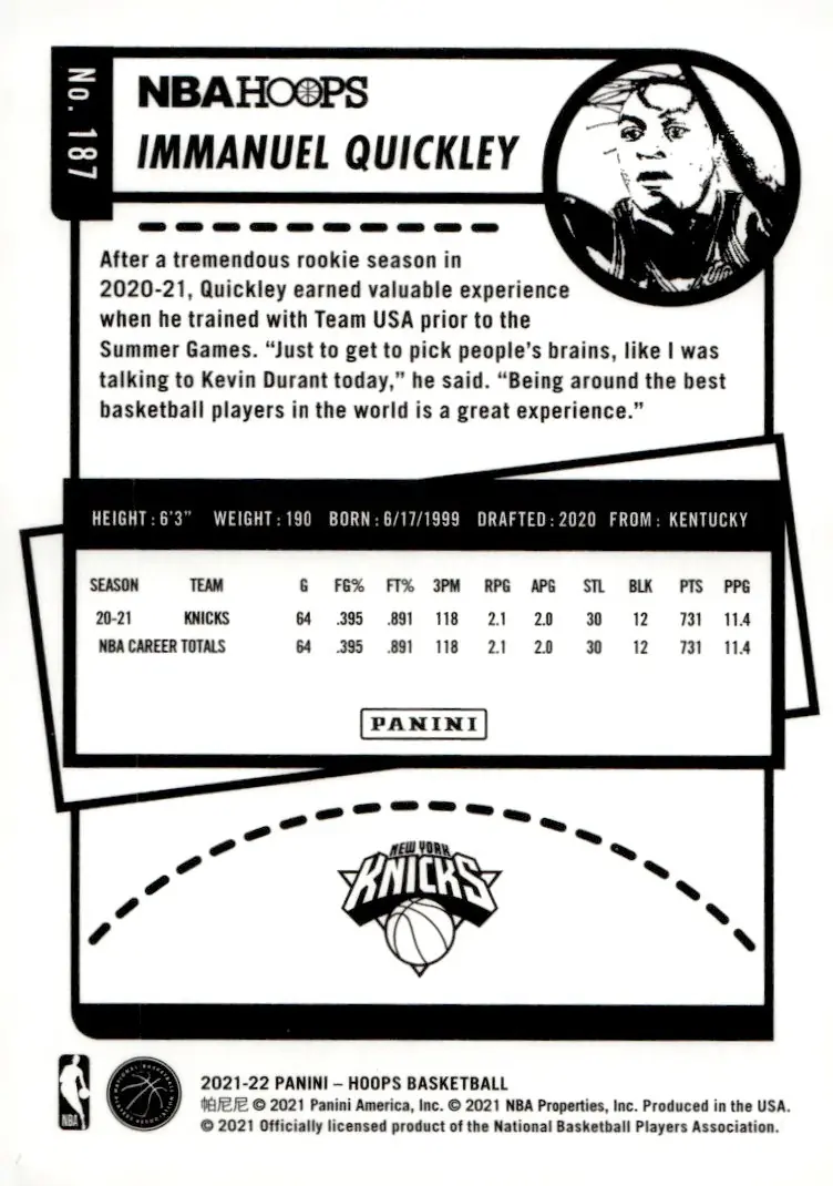 2021-22 NBA Hoops #187 Immanuel Quickley (back)