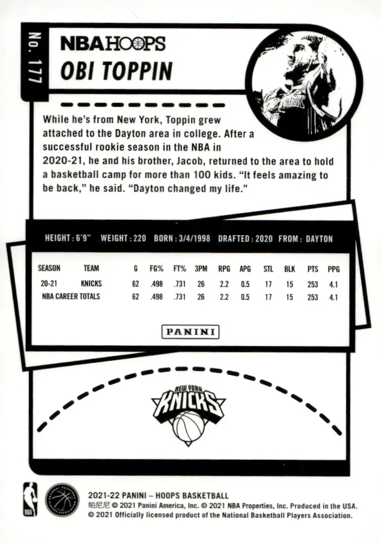2021-22 NBA Hoops #177 Obi Toppin (back)