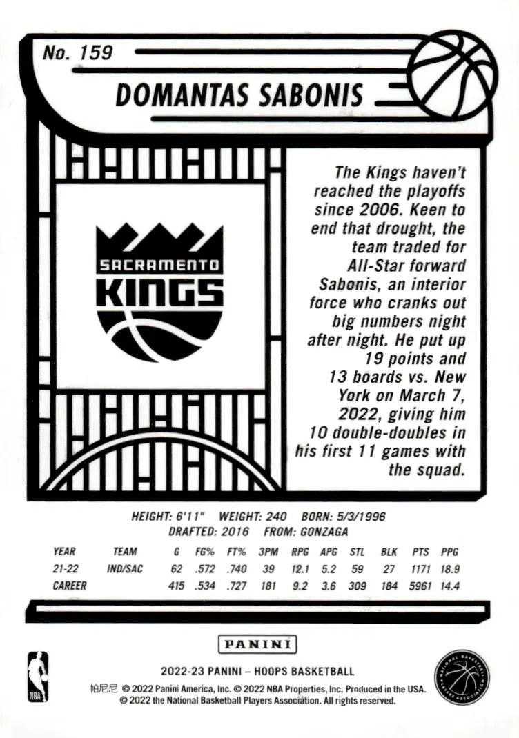 2022-23 NBA Hoops #159 Domantas Sabonis (back)