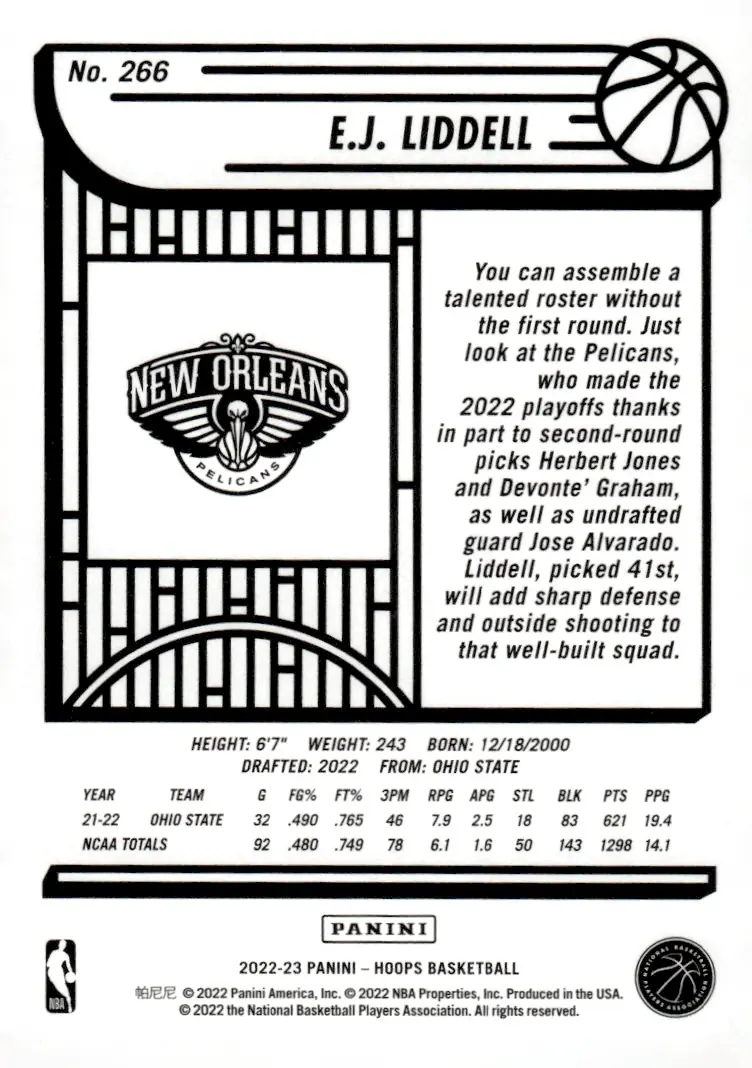 2022-23 NBA Hoops #266 E.J. Liddell (back)