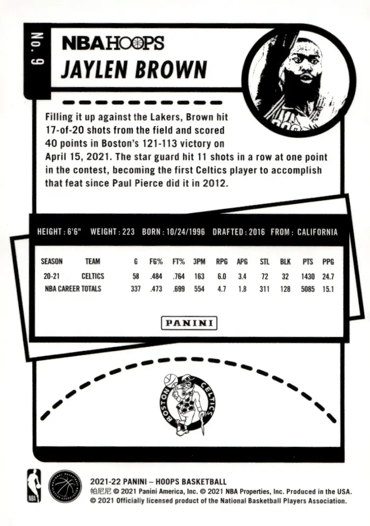 2021-22 NBA Hoops #9 Jaylen Brown (back)
