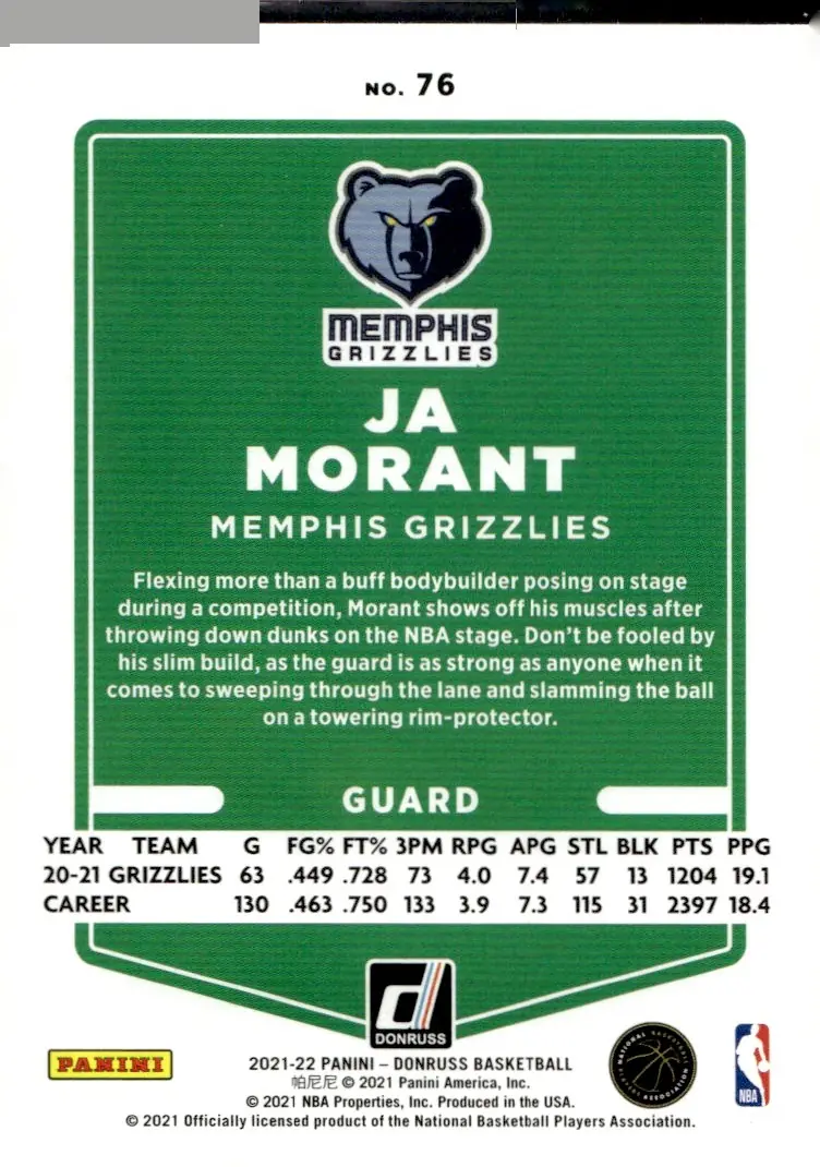 2021-22 Donruss #76 Ja Morant (back)