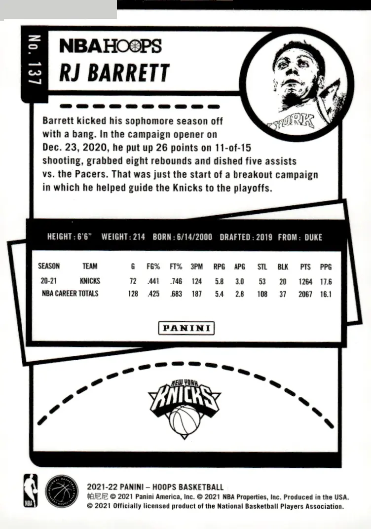 2021-22 NBA Hoops #137 RJ Barrett (back)