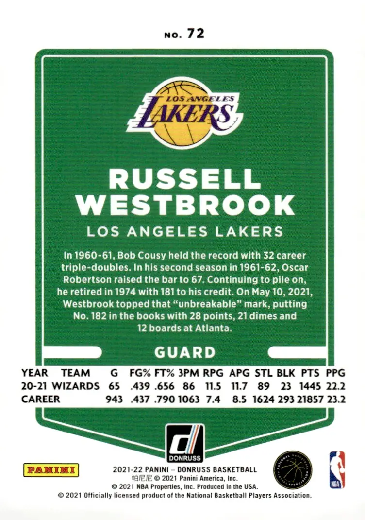 2021-22 Donruss #72 Russell Westbrook (back)