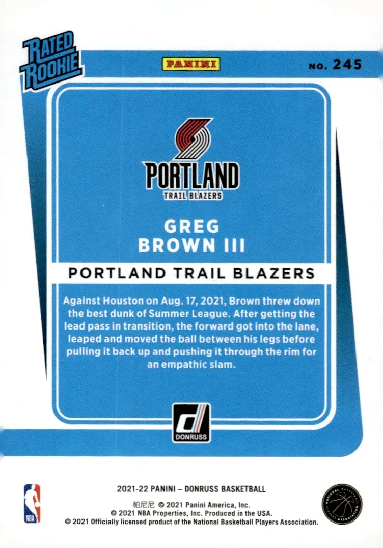 2021-22 Donruss #245 Greg Brown III (back)