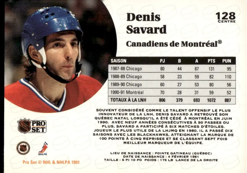 1991-92 Pro Set (French/Canadian edition) #128 Denis Savard – French-language version (back)