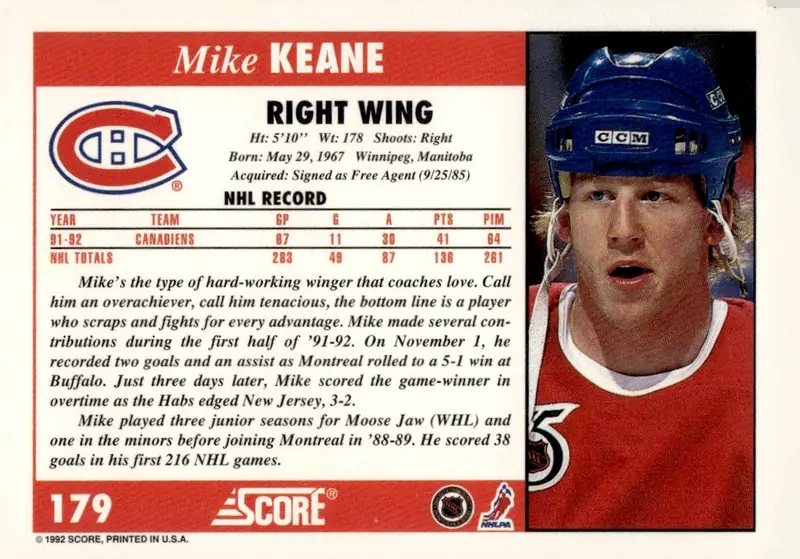 1992-93 Score (U.S.) #179 Mike Keane (back)