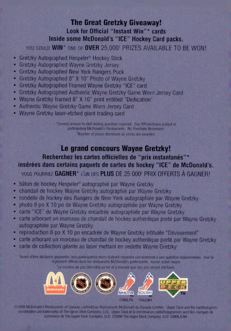 1998-99 Upper Deck Ice McDonald's #CL1 Checklist (back)