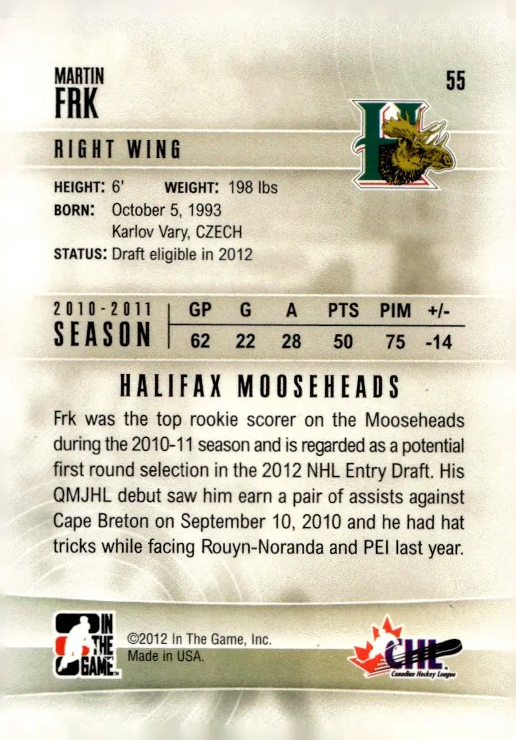 2011-12 In The Game Heroes and Prospects #55 Martin Frk (back)