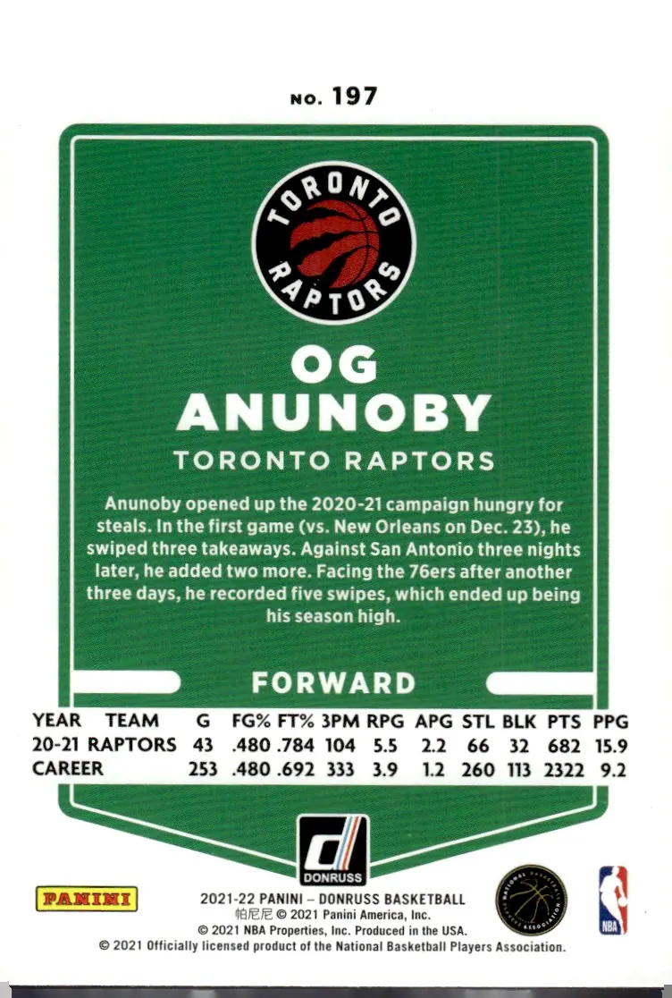 2021-22 Donruss #197 OG Anunoby (back)