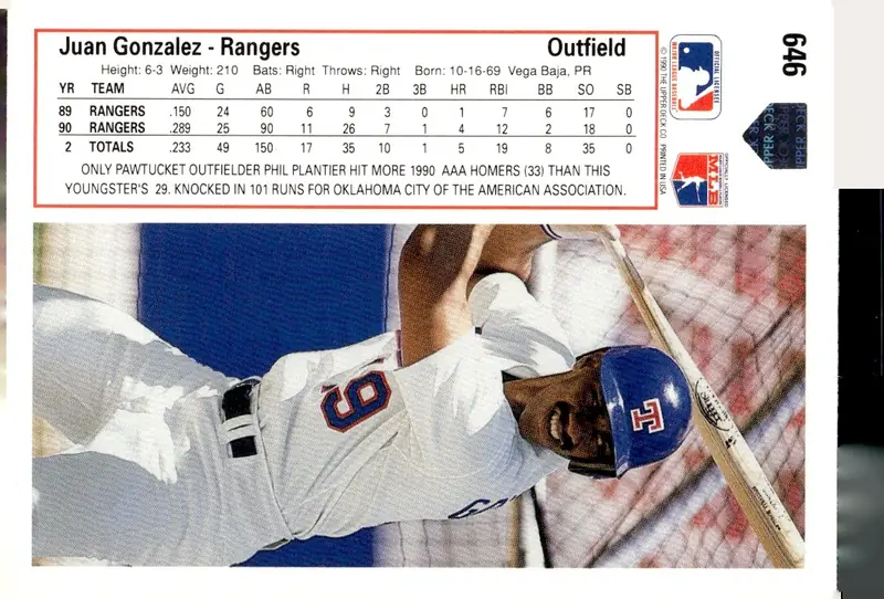 1991 Upper Deck #646 Juan Gonzalez (back)