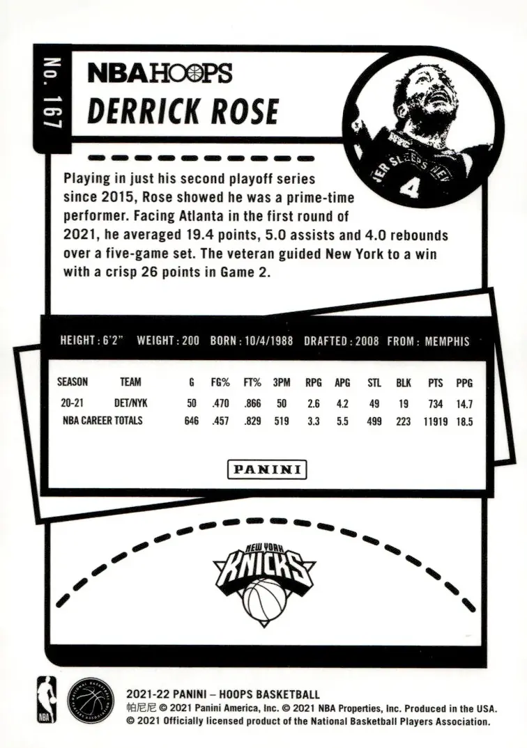 2021-22 NBA Hoops #167 Derrick Rose (back)
