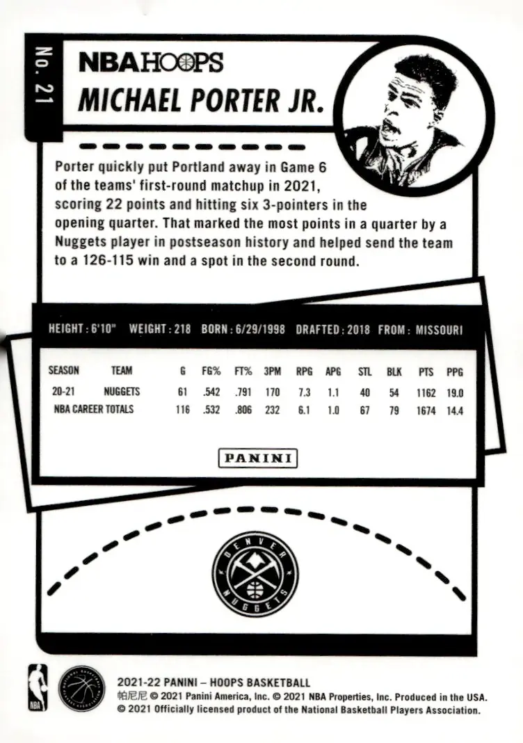 2021-22 NBA Hoops #21 Michael Porter Jr. (back)