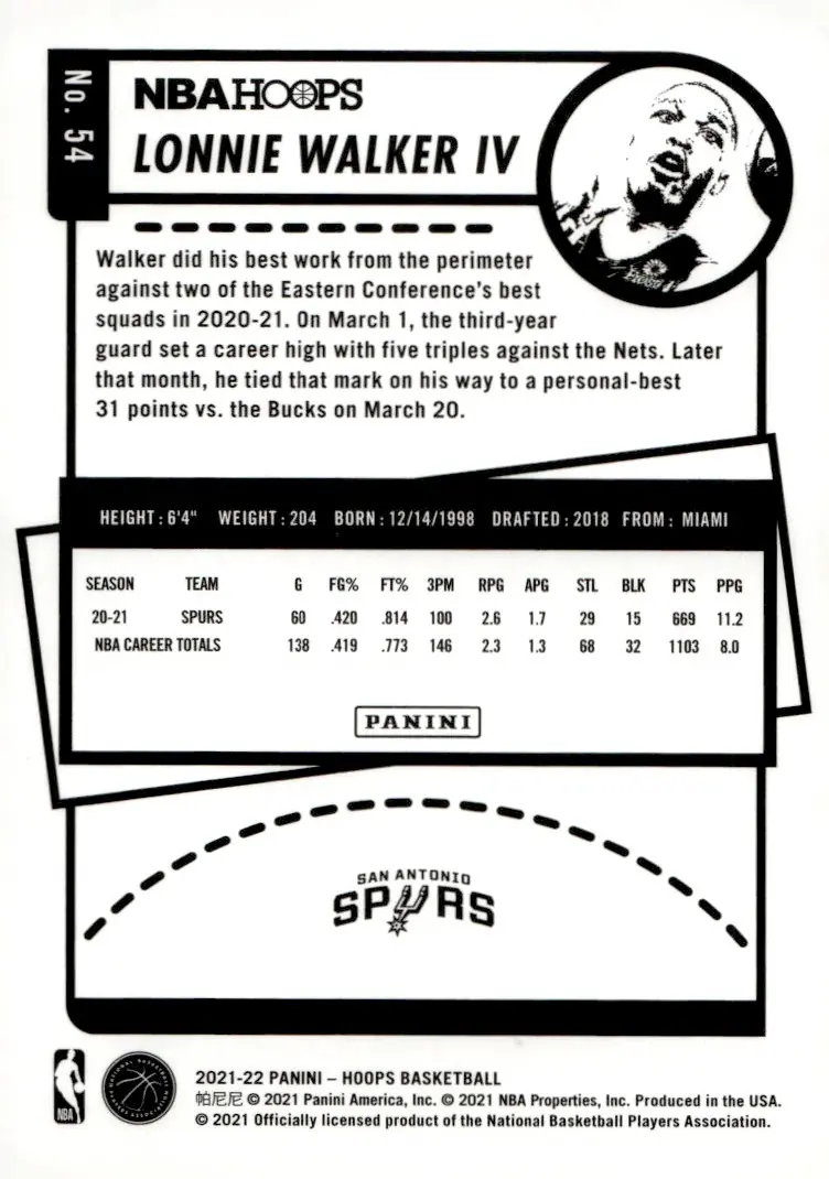2021-22 NBA Hoops #54 Lonnie Walker IV (back)