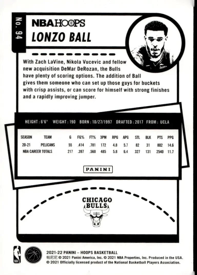 2021-22 NBA Hoops #94 Lonzo Ball (back)