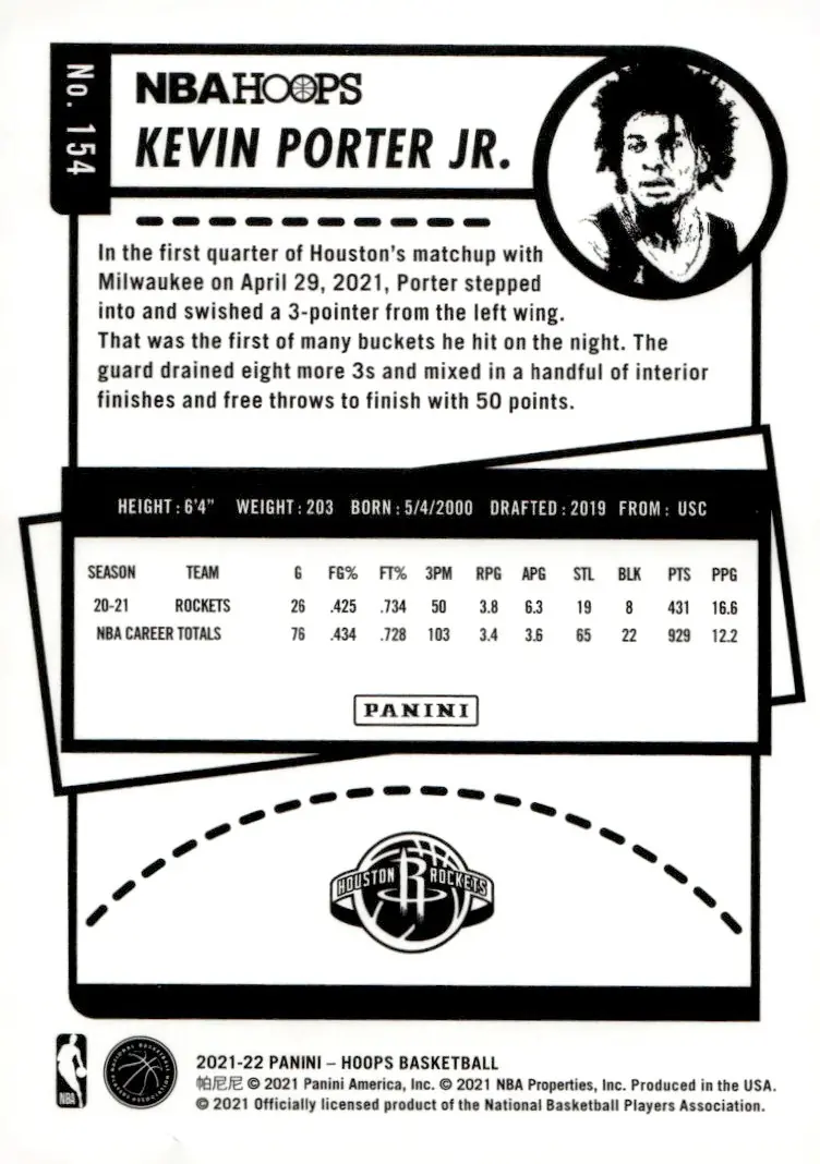 2021-22 NBA Hoops #154 Kevin Porter Jr. (back)