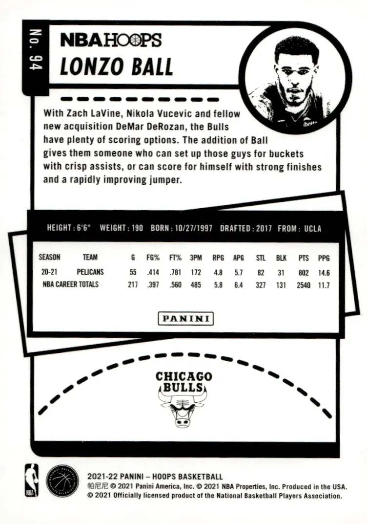 2021-22 NBA Hoops #94 Lonzo Ball (back)