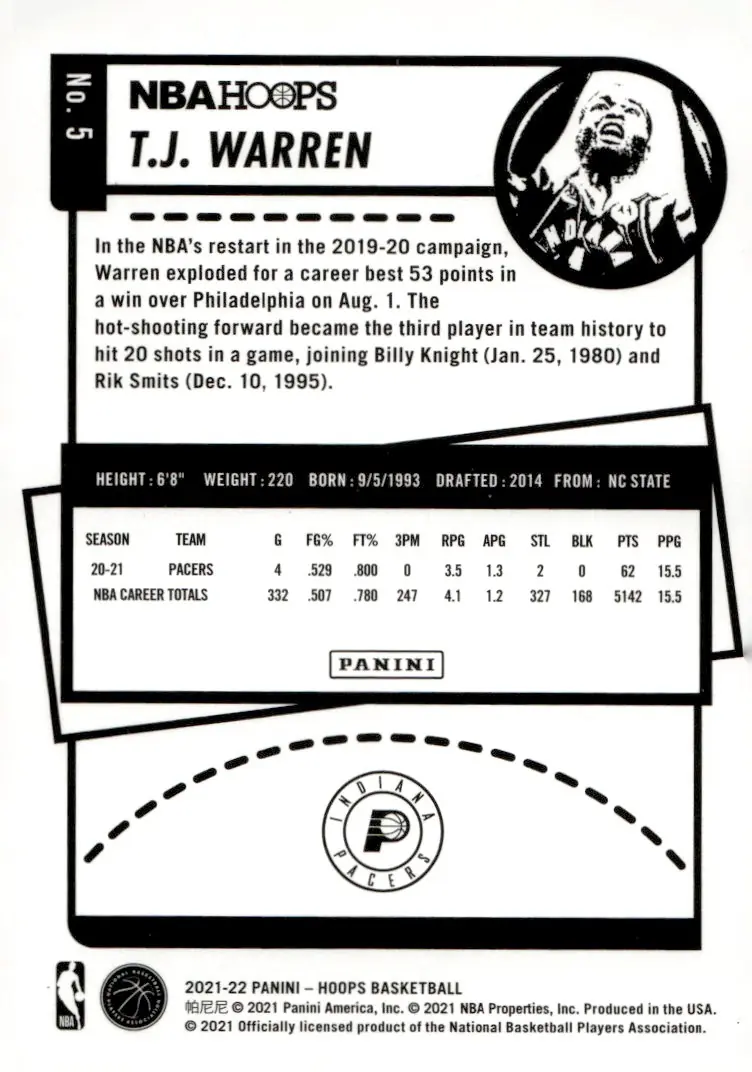 2021-22 NBA Hoops #5 T.J. Warren (back)