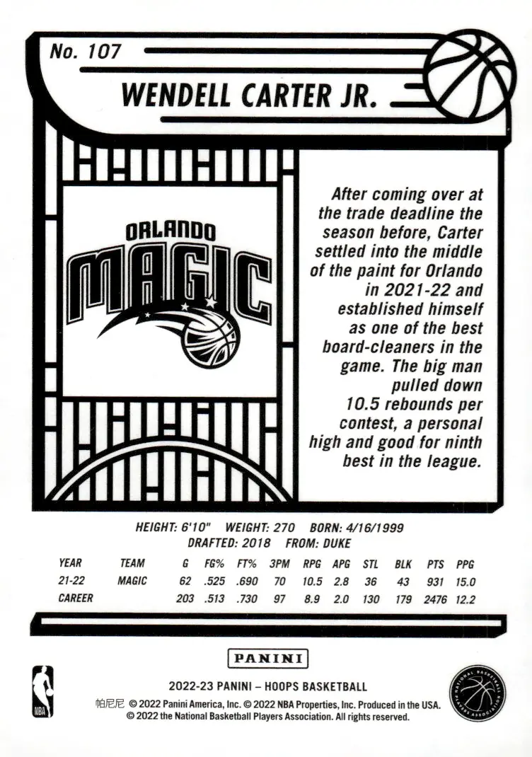 2022-23 NBA Hoops #107 Wendell Carter Jr. (back)