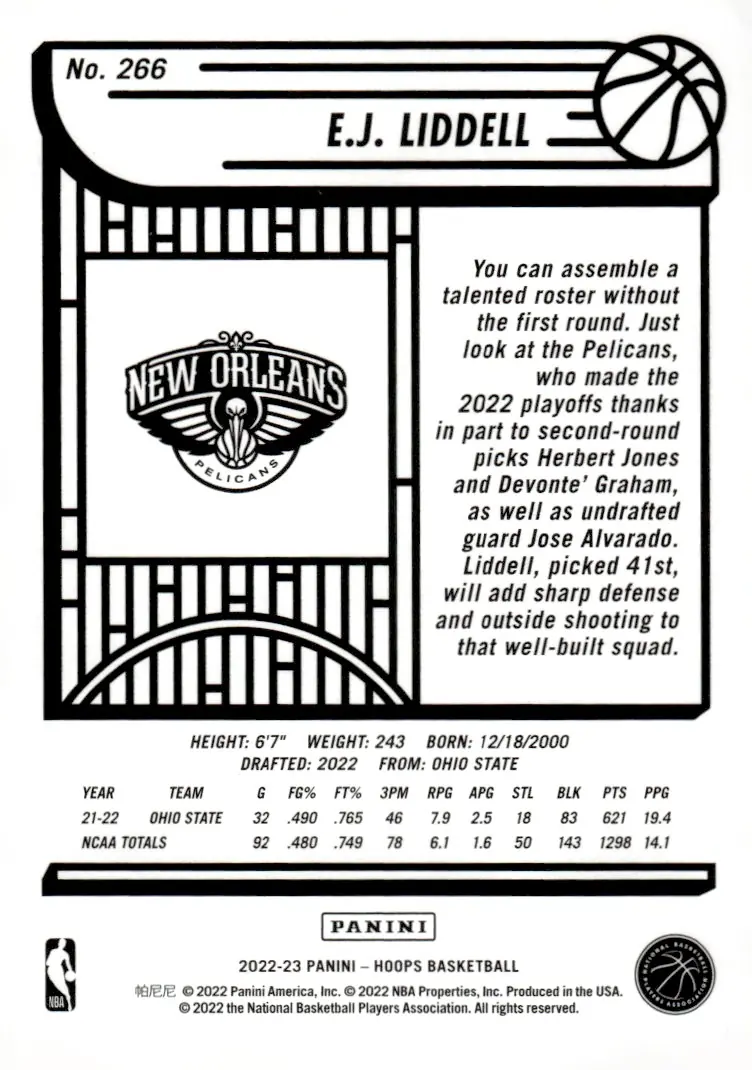 2022-23 NBA Hoops #266 E.J. Liddell (back)