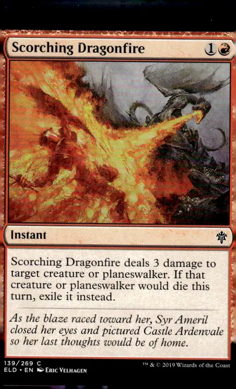 2019 Throne of Eldraine (ELD) #139/269 Scorching Dragonfire (card name); art by Eric Velhagen