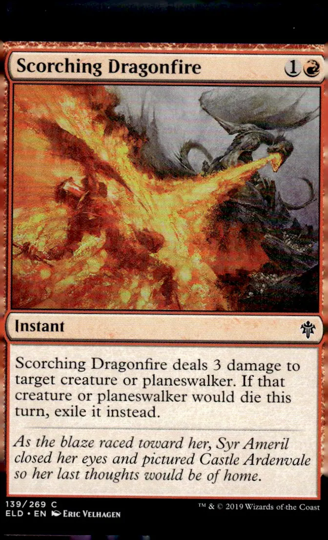 2019 Throne of Eldraine (ELD) #139/269 Scorching Dragonfire (card name); art by Eric Velhagen (front)