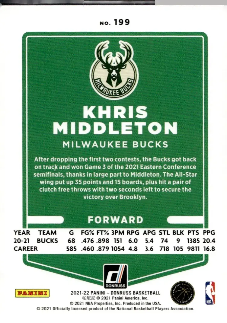 2021-22 Donruss Basketball #199 Khris Middleton (back)
