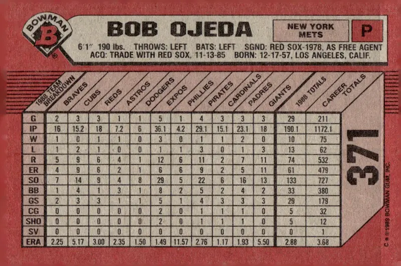 1989 Bowman #371 Bob Ojeda (back)