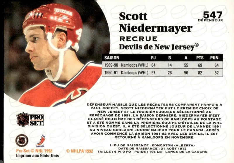 1991-92 Pro Set (Series 2) - French Edition #547 Scott Niedermayer – French/bilingual (back)