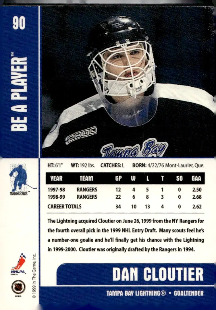 1999-00 Be A Player Memorabilia #90 Dan Cloutier (back)