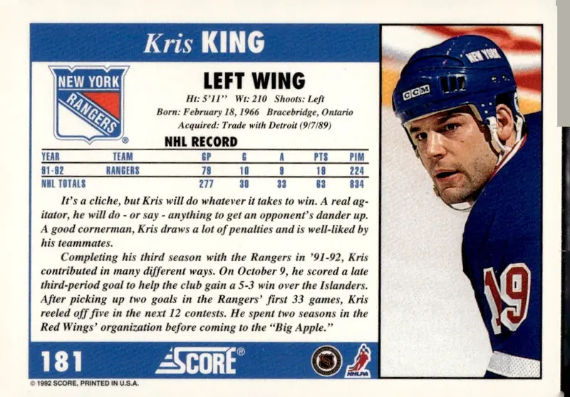 1992-93 Score (U.S.) #181 Kris King (back)