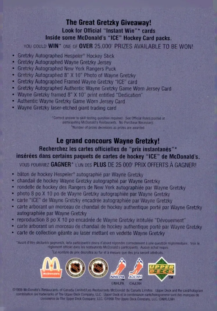 1998-99 Upper Deck McDonald's (Ice) #NNO (unnumbered) Checklist (back)