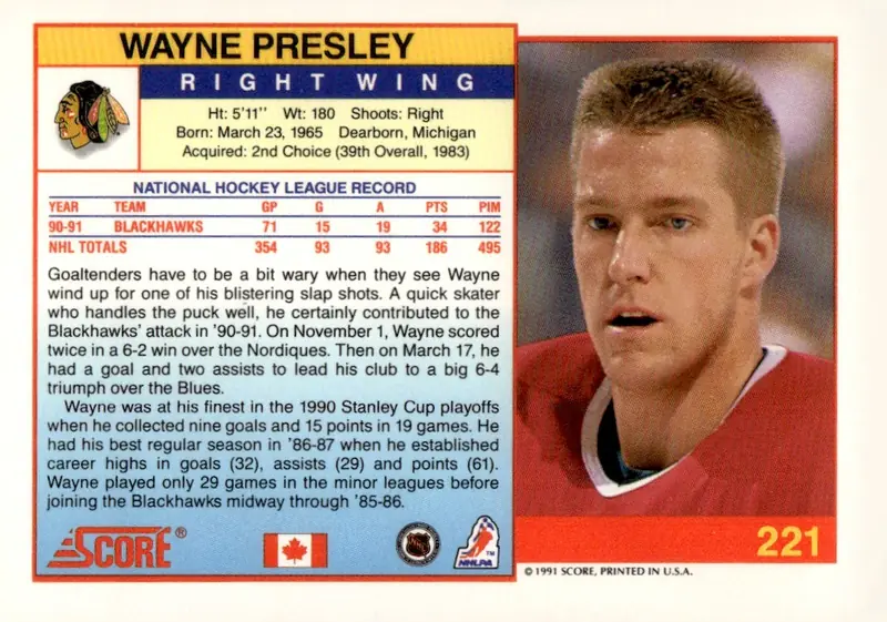 1991-92 Score Canadian (English) #221 Wayne Presley (back)