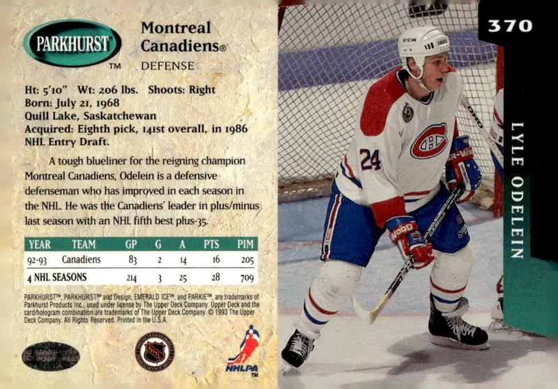 1993-94 Parkhurst #370 Lyle Odelein (back)