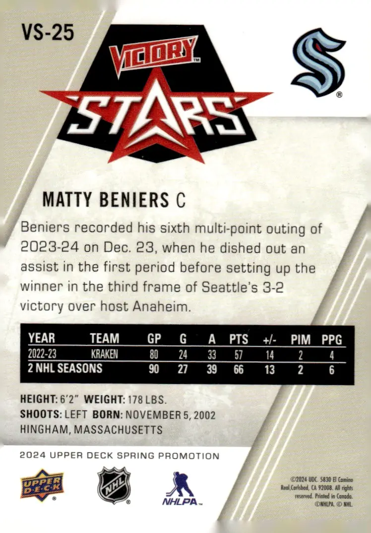 2024 Upper Deck Spring Promotion (Spring Expo Redemption Program) #VS-25 Matty Beniers (back)