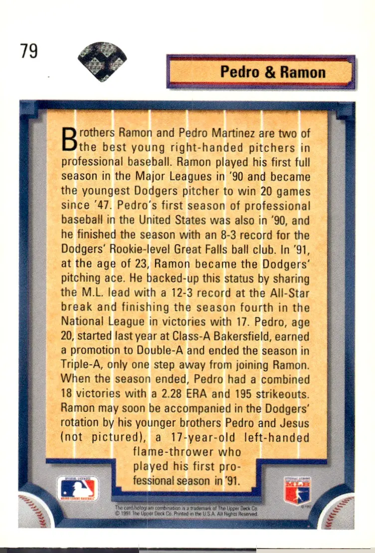 1992 Upper Deck #79 Pedro Martinez / Ramon Martinez (back)