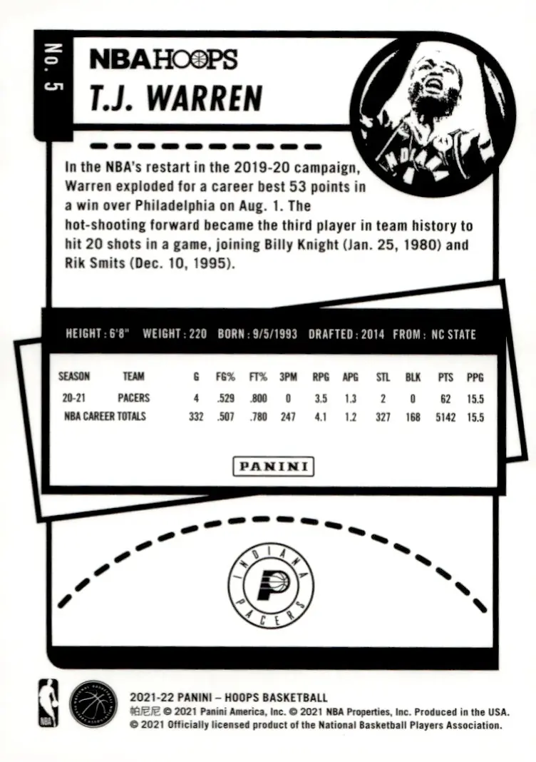 2021-22 NBA Hoops #5 T.J. Warren (back)
